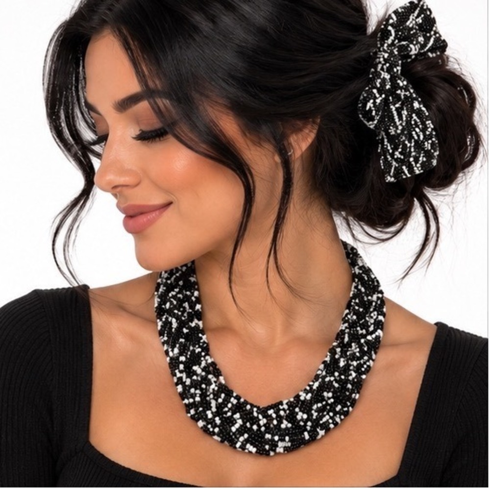 Seed Bead Bib Necklace Black & White Multi Braded Strands Adjustable Clasp